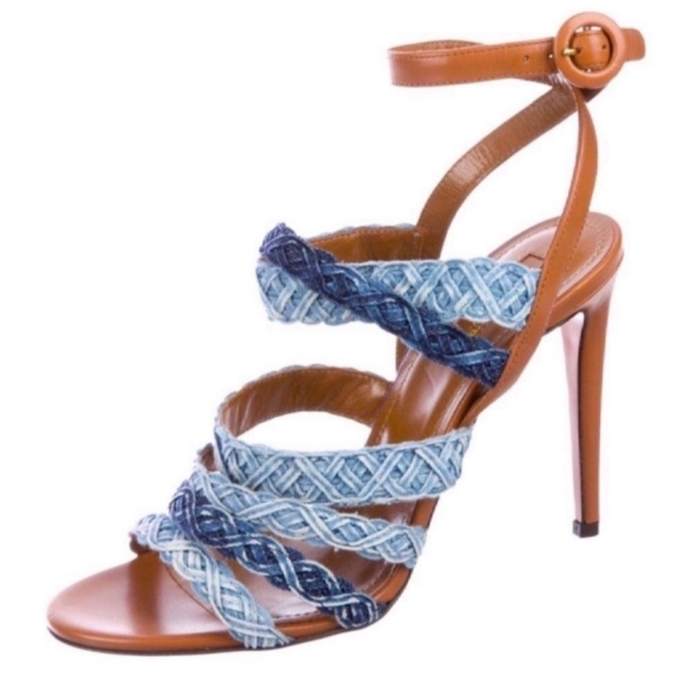Aquazurra Firenze NEW Cognac Leather Denim Evening Sandals Heels Size 11